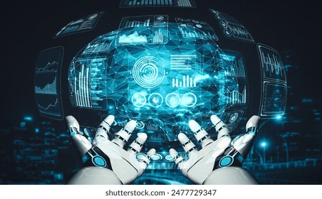 MLP 3D rendering artificial intelligence AI research of droid robot and cyborg development for future of people living. Digital data mining and machine learning technology design for computer brain.