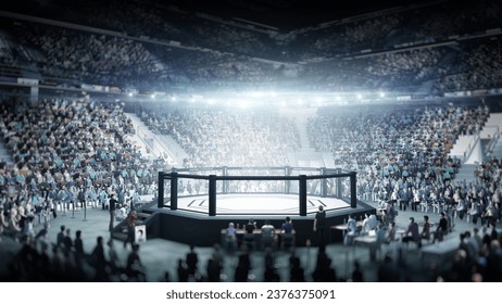 MMA cage night. Fighting Championship. MMA octagon. Digital sport 3D. Fight night. Sport arena with fans and shining spotlights. Full tribune. Sport