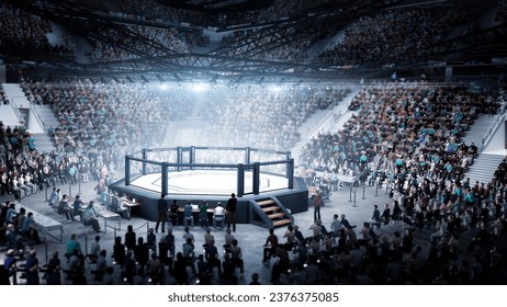 MMA octagon. Fighting Championship. MMA cage night. 3D render MMA arena. Fight night. View of the arena by spotlights. Full tribune. Sport