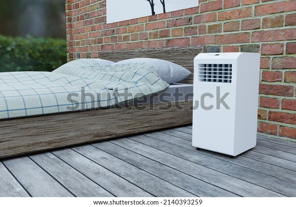 mobile air conditioner in bedroom with brick wall\
3d render