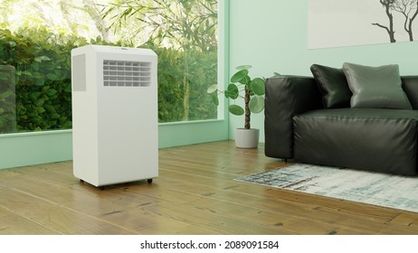 Mobile Air Conditioner In The Green Room. 3d Render