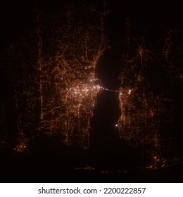 Mobile (Alabama, USA) Street Lights Map. Satellite View On Modern City At Night. Imitation Of Aerial View On Roads Network. 3d Render, High Resolution