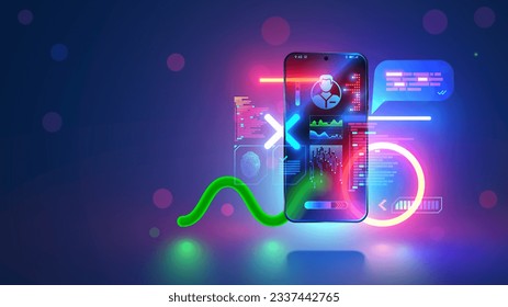 Mobile app development concept. Phone hanging over desk in neon light with mobile applications development interface elements. Smartphone software dev digital technology. Mobile app design.