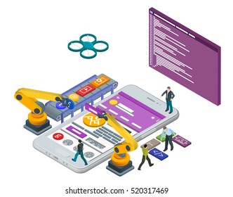 Mobile App Development, Experienced Team. Flat 3d Isometric White Phone. Manipulator Robot Robotized. Online Store. Web Development And UI Design Concept. Html Code To The Screen. Raster Image.