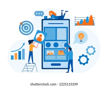 Mobile app development, UI, UX design, app builder, teamwork illustration