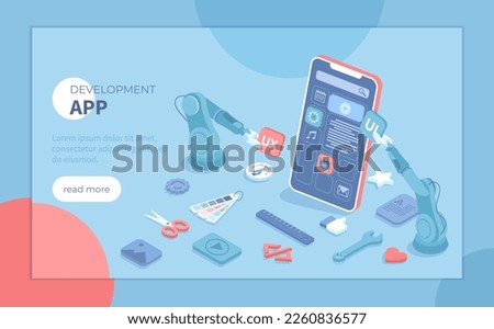 Mobile APP Development UI UX Design, SEO Optimization. Adaptive layout application web interface on smartphone screen. Isometric raster illustration for banner, website.	
