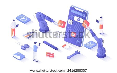 Mobile APP Development UI UX Design, SEO Optimization. Adaptive layout application web interface on smartphone screen. Isometry illustration with people scene for web graphic.	
