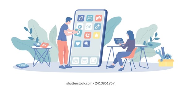 Mobile Application Development. Frontend software development, UI and UX design. Developers creates a custom design for a mobile app. Raster illustration with character situation for web.