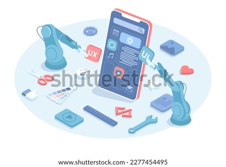 Mobile application development process. New mobile app software programming. Smartphone interface building by robotic arm. Raster illustration in 3d design. Isometric web banner.	

