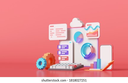 Mobile Application, Software And Web Development With 3d Shapes, Bar Chart, Infographic On Pink Background. 3d Rendering