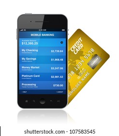 Mobile banking application on a modern smartphone with plastic card. Illustration isolated on white.