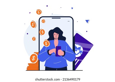 Mobile banking modern flat concept for web banner design. Woman uses mobile application to pay with credit card and accumulate money in account. Illustration with isolated people scene