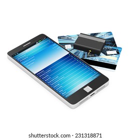 Mobile Banking and Payment Concept. Touchscreen Smart Phone with Credit Card Reader isolated on white background