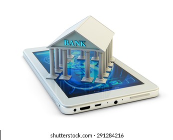 Mobile Banking And Remote Payment Concept, Modern Smartphone With Bank Building Isolated On White Background (My Own Design, 3d Model And Render)