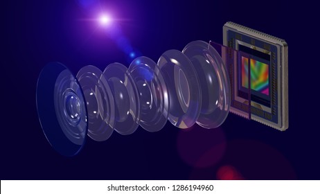 Mobile camera concept, lens and smartphone camera sensor, optical layout wide 16x9 format, 3D rendering