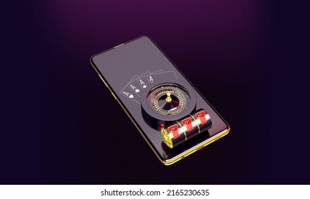 Mobile Casino Betting Gambling Cards Roulette Chips Slot Machine Banner 3d Render 3d Rendering Illustration 