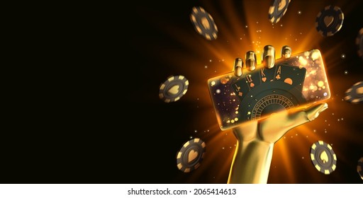 Mobile casino hand poker blackjack baccarat roulette gold  3d render 3d rendering illustration 
