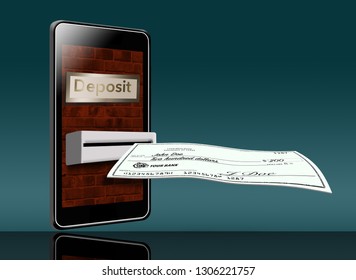 A Mobile Cell Phone Is Being Used To Deposit A Check Into The Bank In This Illustration. A Phone Can Be Used Like A Night Deposit Box. This Is An Illustration