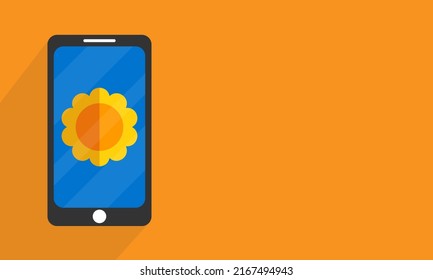 Mobile Cell Phone On Orange Background, Smart Phone With Gallery Application, Phone Showing A Photo, Phone Showing A Yellow Flower, Mobile With Sunflower.