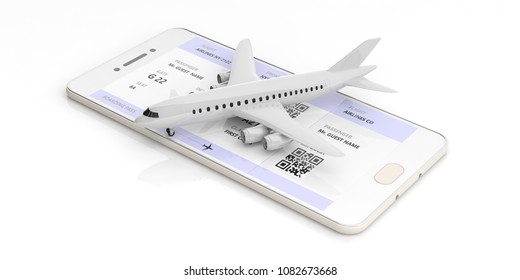 Mobile Checkin And Boarding Pass. Blank Airplane On A Smart Phone Screen, Isolated On White Background. 3d Illustration