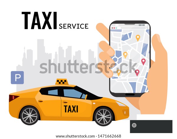 Mobile city transportation illustration concept.\
Online calling taxi with big man\'s hand with smartphone with\
map.Yellow car in foreground of city silhouette with parking\
sign.taxi service\
text