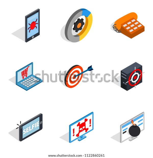 Mobile computer icons\
set. Isometric set of 9 mobile computer icons for web isolated on\
white background