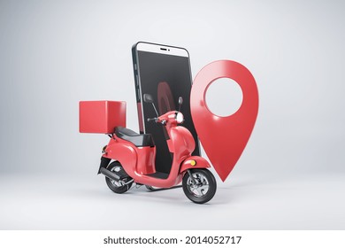 Mobile Delivery Concept With Red Scooter With Trunk, Pin Location, And Smartphone On Abstract Light Background. 3D Rendering