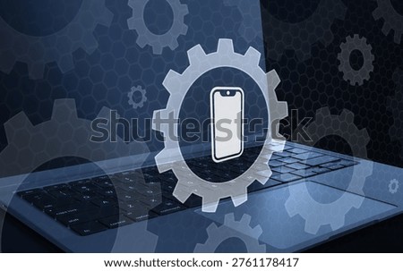 Mobile device and smartphone settings 3D illustration showing a gear icon with a phone symbol on a laptop background representing mobile app configuration cellular preferences connectivity setup and cross platform digital device management for modern users