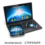 Mobile devices, wireless communication technology and internet web concept: business laptop, tablet computer and modern smartphone with colorful application interfaces isolated on white background