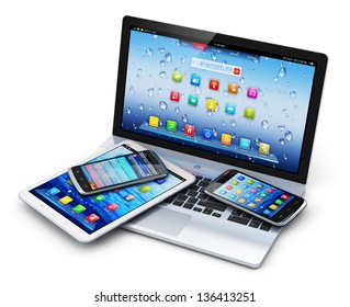 Mobile devices, wireless communication technology and internet web concept: business laptop or notebook, tablet computer PC and touchscreen smartphones with application interfaces isolated on white