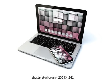 Mobile devices, wireless communication technology and internet web concept: business laptop and modern smartphone with colorful squared interfaces isolated on white background