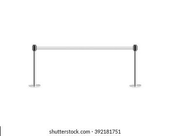 Mobile Fence Barrier Stand Isolated On White. Fencing Barricade On Metal Chrome Pole Posts. Portable Protective Rack With Ribbon Stretch Tape. Blank Post Fencing Barrier Belt Rope.