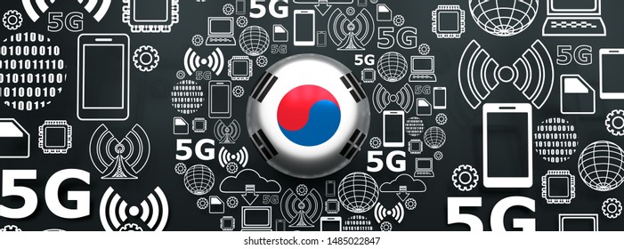 Mobile Gadgets Technology Relative Image. Circle Frame With Technology Thin Line Icons. 5G Network Symbol. Flag Of The South Korea. 3D Rendering