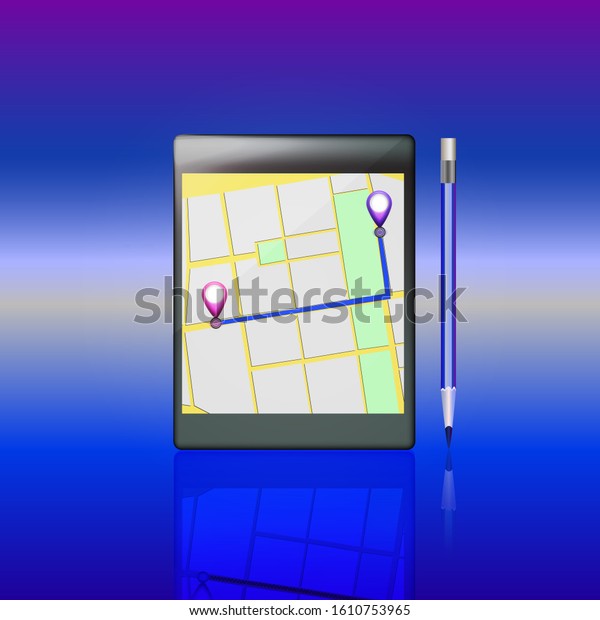 Mobile GPS navigation. Phone map\
application and points on screen. App search map navigation.\
Isolated online maps on screen tablet.\
Illustration.
