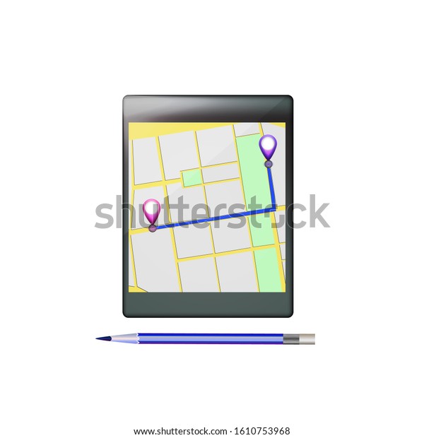 Mobile GPS navigation. Phone map
application and points on screen. App search map navigation.
Isolated online maps on screen tablet.
Illustration.