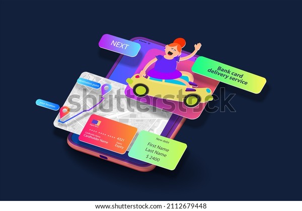 Mobile interface of the\
taxi ordering program with a cartoon girl on the phone screen. 3d\
illustration