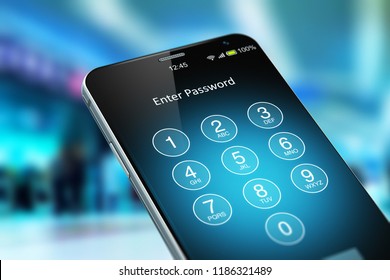 Mobile internet web communication security and safety business commercial concept: 3D render of smartphone or mobile phone with enter password verification screen in the airport terminal or shopping m