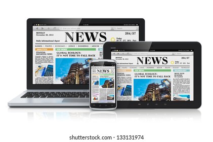 Mobile media devices concept: office laptop, tablet PC computer and black glossy touchscreen smartphone with internet web business news on screen isolated on white background with reflection effect