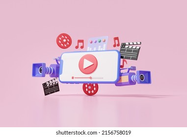 Mobile modern playing video and movie camera floating pink background  entertainment media creative professional  Cartoon minimal  internet  banner  copy space  3d render illustration