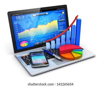 Mobile office, stock exchange market trading, accounting, financial development and banking business concept: notebook with stock market application, bar chart, pie diagram and smartphone isolated