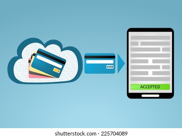 Mobile Payment By Storing Credit Card Information In The Cloud For Smartphones And Tablets With Blue Background With Flat Design