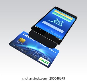 Mobile Payment Concept. Credit Card Reader On Smartphone Scanning A Credit Card.