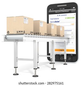 Mobile Payments. Industrial Conveyor With Cardboard Boxes Connected To Smartphone. Checkout Page.