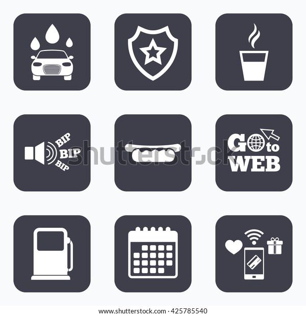 Mobile payments, wifi and\
calendar icons. Petrol or Gas station services icons. Automated car\
wash signs. Hotdog sandwich and hot coffee cup symbols. Go to web\
symbol.