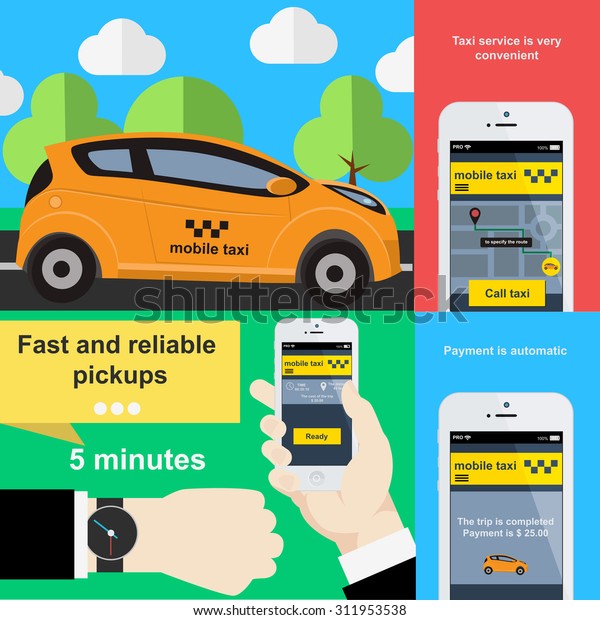 Mobile phone application to book taxi service.\
Illustration in flat\
design.
