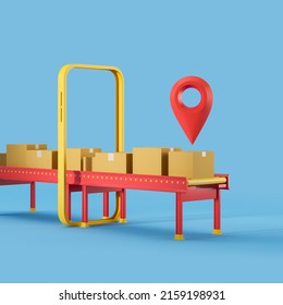 Mobile Phone And Carton Boxes On Conveyor, Factory Assembly Line And Red Location Mark On Blue Background. Concept Of Online Tracking And Delivery. 3D Rendering