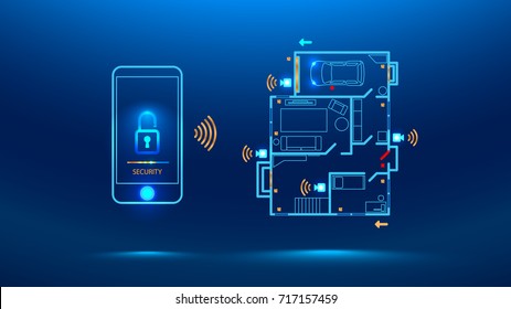 Mobile Phone Controls Smart Home In The Distance Through App On Your Smart Phone. Shows Protection Level Of The House. Cyber Security Future.