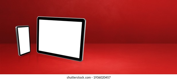 Mobile phone and digital tablet pc on red office desk. Horizontal background banner. 3D Illustration