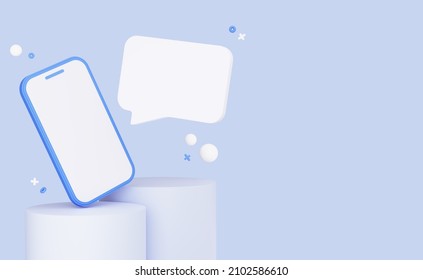 Mobile Phone With Empty Speech Bubble For Text. Banner Template With Empty Copy Space. Smartphone With Message Notification. Isolated On Background. Blue And White. 3D Rendering