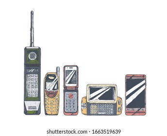 Mobile Phone Evolution Set.  Mobile Phone Form Factor: Brick, Bar,  Flip, Wide Slider, Touchscreen Smartphone.